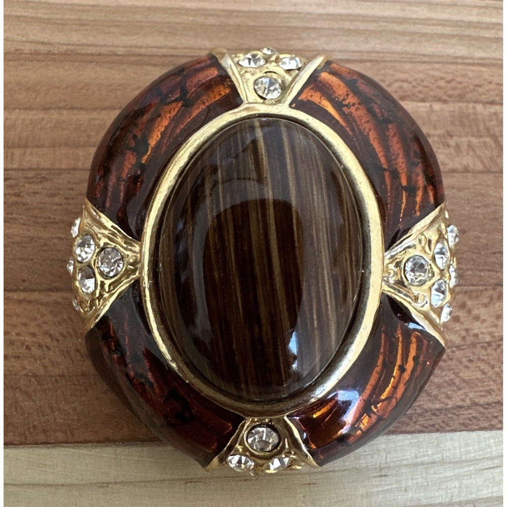 Vintage Brooch Pin 1.75 Inch Brown Marbled Art Glass Clear Rhinestones Gold - Picture 2 of 8